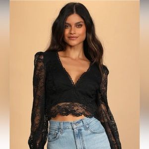 Lulus Black Lace V-Neck Long Sleeve Crop Top